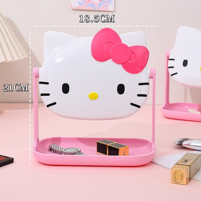 산리오 헬로키티 탁상 스탠드 360도 회전 수납 화장대 거울, 화이트-핫핑크 리본