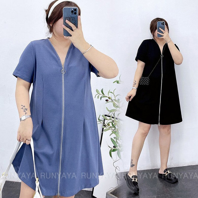 빅사이즈 반팔원피스 루즈핏 슬림 미디원피스 여름 여성 브이넥 루즈핏 집업 원피스 캐주얼 롱티 D88U
