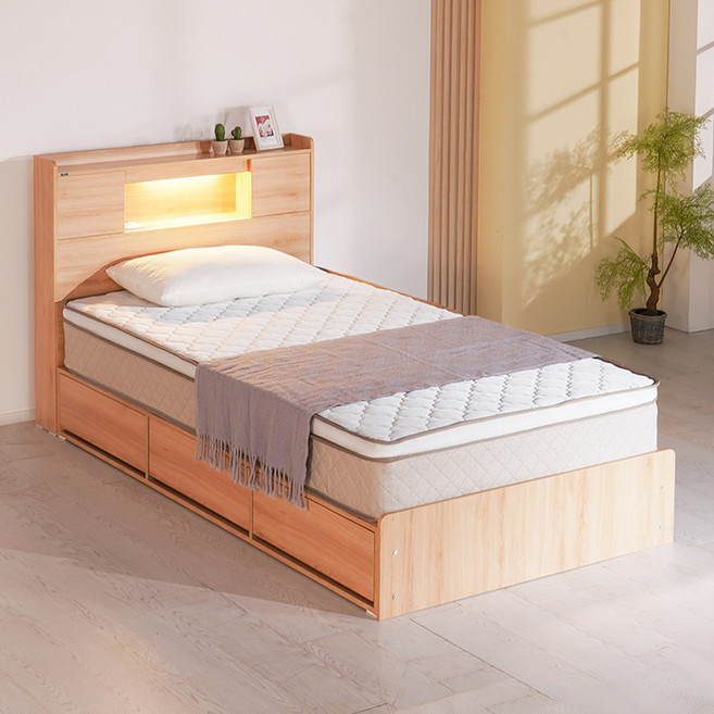 (매트포함)보루네오 100%국내생산 루미 슬라이드 도어형 LED 통서랍 침대프레임 SS Q+독립스프링 유로탑 세트, 01.루미(오크) 독립스프링 유로탑