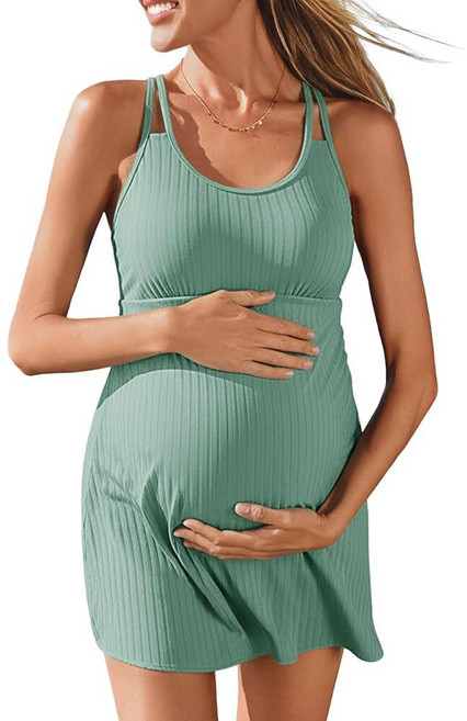 Summer Mae Ribbed Maternity One Piece Swimsuit Dress Wrap Bathing Suit with Built-in Pocket Short