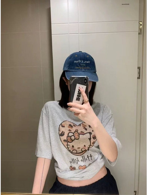 다나에 여성 헬로키티 호피 하트 루즈핏 티셔츠 반팔티+지아싱트레이드 머리끈