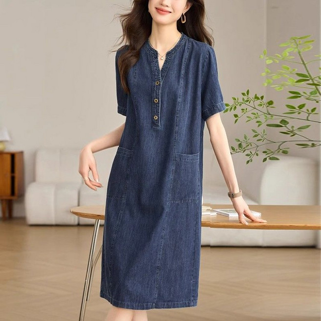 여성 여름 데님 얇은 스커트 미디 반팔 캐주얼 루즈핏 포켓 원피스