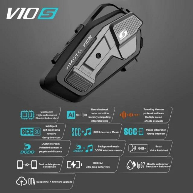 Vimoto 중국어 버전 XR/V10S/V10X 오토바이 헬멧 블루투스 헤드셋 다중 사람 호출 인터폰 방수 IPX67, 01 CHINA, 02 Vimoto-V10S, 1개