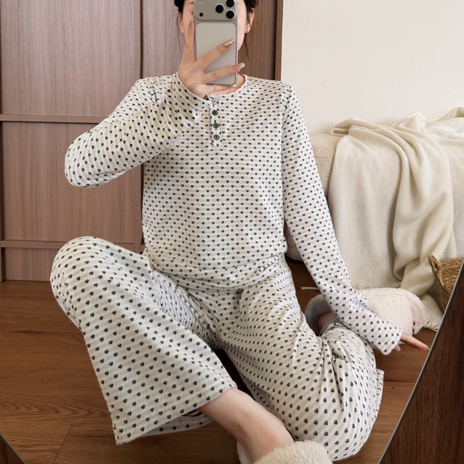 아르앤유 여성 면혼방 하트 자카드 단추 긴팔 파자마 세트 홈웨어 잠옷