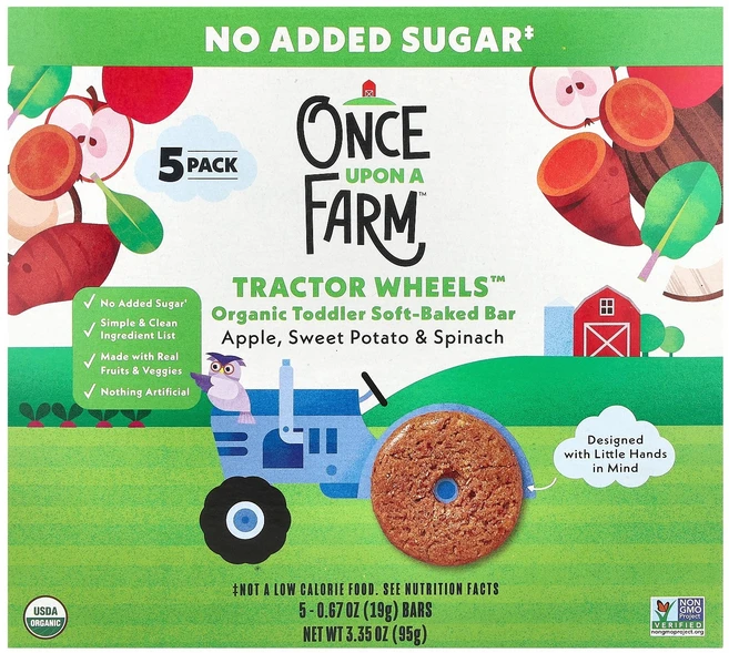 Once Upon A Farm TractorWheels™ 유기농 토들러 소프트 베이크드 사과 고구마 & 시금치 5팩 개당 19g(0.67oz) Farm (원스 어폰, Once Upon A Farm, TractorWheel - 쿠팡
