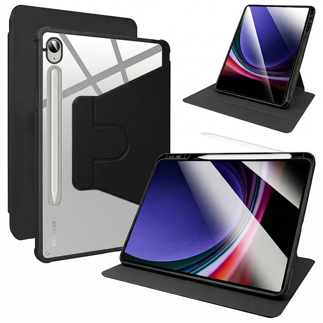 디상커 갤럭시 탭 720도 회전 단색 투명 펜슬수납 태블릿 케이스 S11 울트라/S11/S10 FE+/S9 FE+/S9 FE/A11+/A9+ 14.6/13.1/12.4/11인치, 블랙, 1개