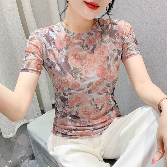 더블제이플러스 1065 여성 라운드넥 슬림핏 플라워 메쉬 반팔 티셔츠 블라우스 반팔티