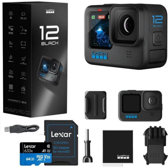 GoPro HERO12 블랙 - 방수 액션 카메라 5개 포함.3K60 울트라 HD 비디오 27MP 사진 HDR 라이브 스트리밍 웹캠 안정화 번들 64GB 카드 및 47피스 액세