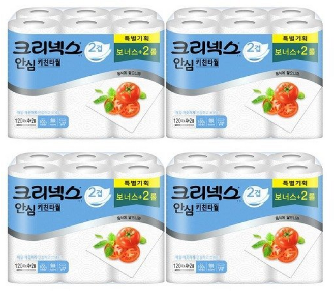 크리넥스 안심 키친타올 2겹 120매 4+2롤 x4팩, 6롤, 4개