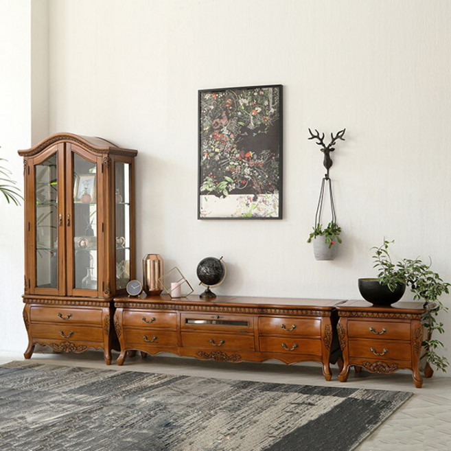 [유캐슬] ★커피쿠폰+무료배송★제우스 엔틱 원목 거실장 세트(거실장+장식장+협탁), BK