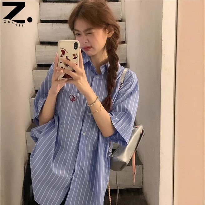 zoovit 골지 셔츠 하트 자수 반팔 셔츠 구김없는 루즈핏 상의
