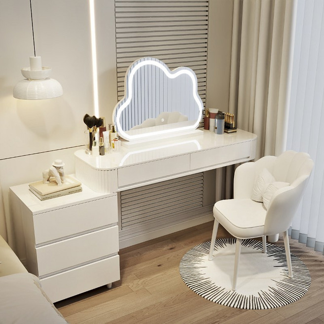 세련된 LED 조명 화장대 확장형 서랍장 수납 화장대, 120cm, Y01+꽃잎 의자+대형 구름 거울
