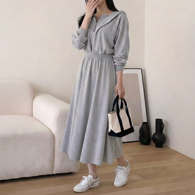 데일리앤 미엘 날씬핏 허리 밴딩 A라인 후드 반집업 롱 원피스