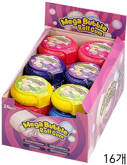 메가 버블 롤 껌 (딸기맛 / 콜라맛 / 투티푸르티맛 / 블루베리맛), 16개, 12g