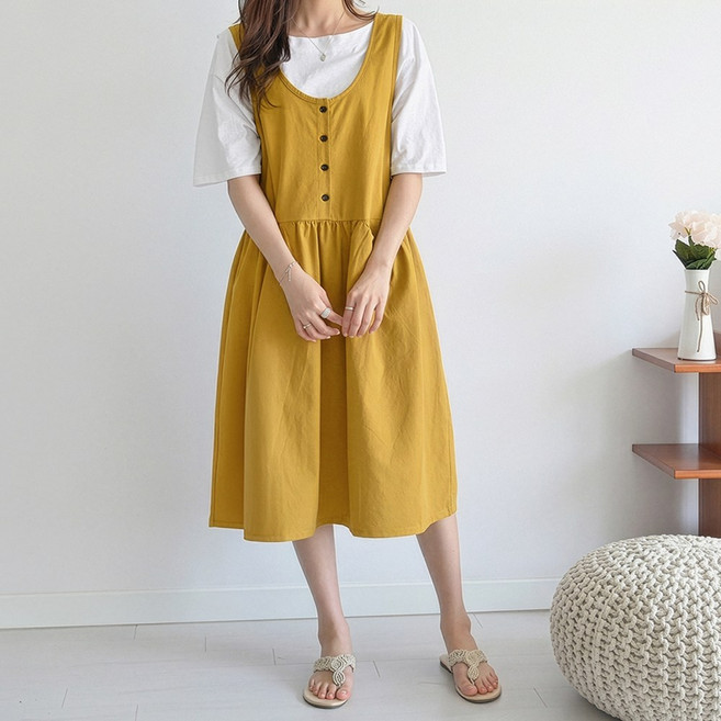 데일리앤 슈크림 여름 린넨 뷔스티에 멜빵 플레어 빅사이즈 롱원피스