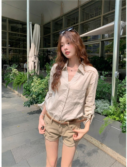 OSTB 린넨 포켓 카라 브이넥 긴팔 셔츠