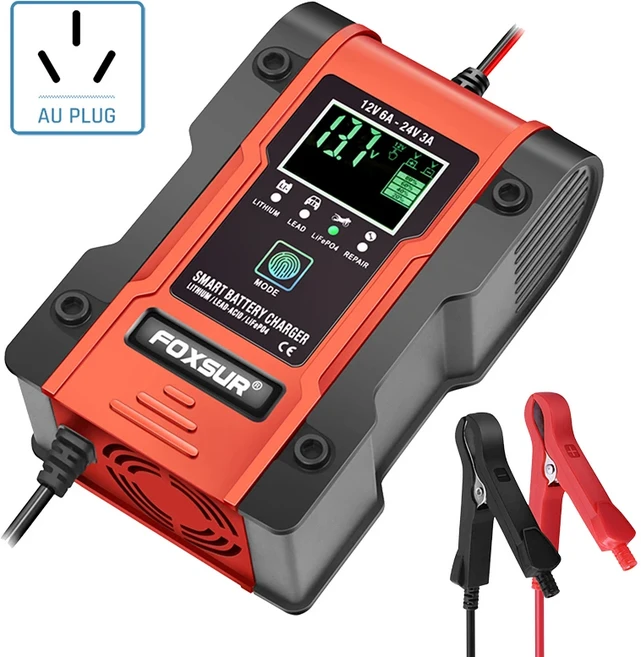 FOXSUR 스마트 자동차 배터리 충전기 오토바이 트랙터 SUV 보트 리튬 AGM 납산 LiFePO4 12V 6Amp, 04 AU Plug (Red)