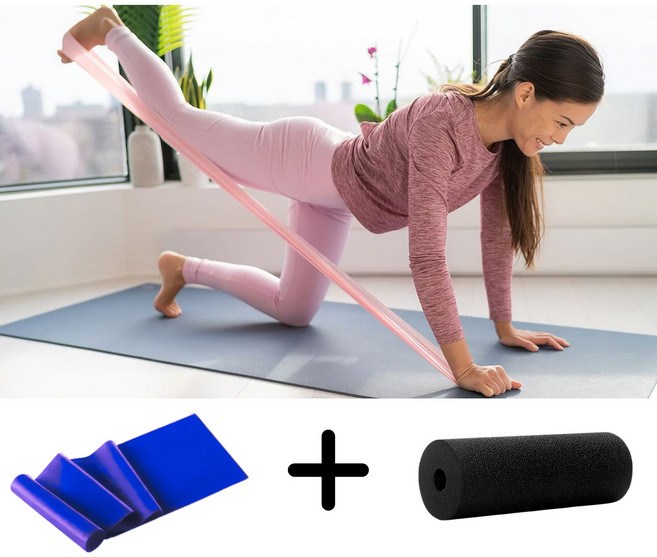 (빅 세일) 스트레칭 고탄력 라텍스밴드 (보라색 노란색 빨간색) 1p 및 미니 폼롤러 EPP 하드 (블랙) 원형 1p 세트, 1세트, 보라색 + 폼롤러