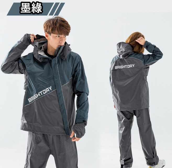 奧德蒙兩件式雨衣 斜開防水 雙層雨帽 透氣反光快乾, 墨綠色,３ＸＬ號
