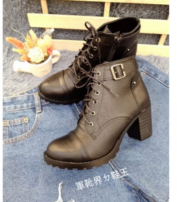 搶先現貨供應 防潑水 MIT台灣製短靴 皮靴 圓頭皮革 金屬釦 拉鍊綁帶7公分粗跟低跟騎士靴軍靴馬丁靴