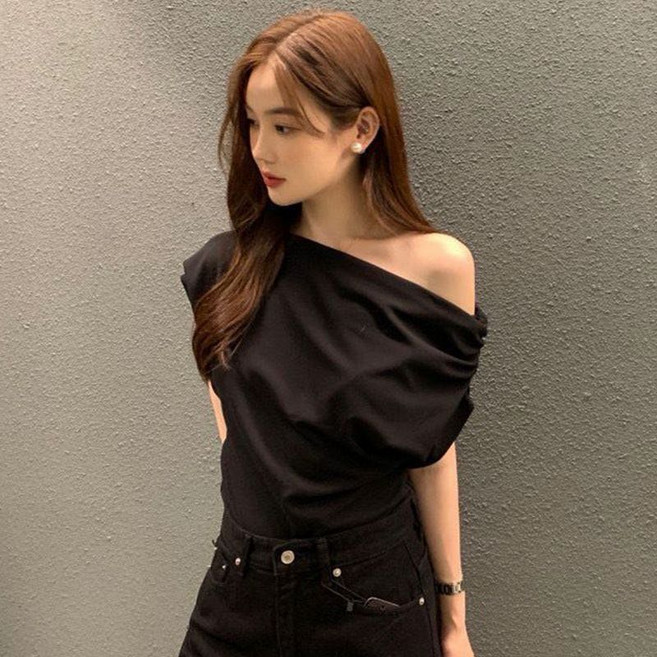 Satiko 여성 원숄더 블라우스 오프숄더 셔링 드레이프 탑 언발란스 섹시한 긴팔 티셔츠 스판 세련된 오피스룩 하객패션 화이트