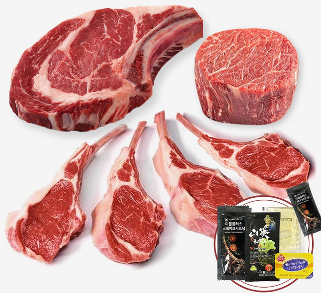 [마블플러스] 캠핑세트 토마호크 안심 양갈비 스테이크 추석 설날 명절 선물세트, 1.캠핑세트 (4~5인), 토마호크650g+안심160g+프렌치랙250g, 4종소스 x 2개 + 스테이크시즈닝 x 1개, 1개