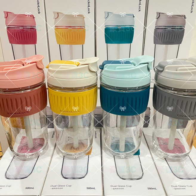 樂扣樂扣 兩用耐熱玻璃隨行杯 500ML 附可拆式吸管 咖啡杯, 藍色, 1個