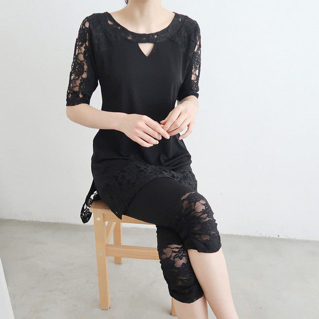 까르죠아 레이스 배색 7부 레깅스 40대 엄마옷 50대 미시옷 60대 마담복 중년 여성 의류 여성레깅스 편한바지 빅사이즈 엄마바지 큰바지 밴딩레깅스 시스루 레이스 고무줄바지 신축성