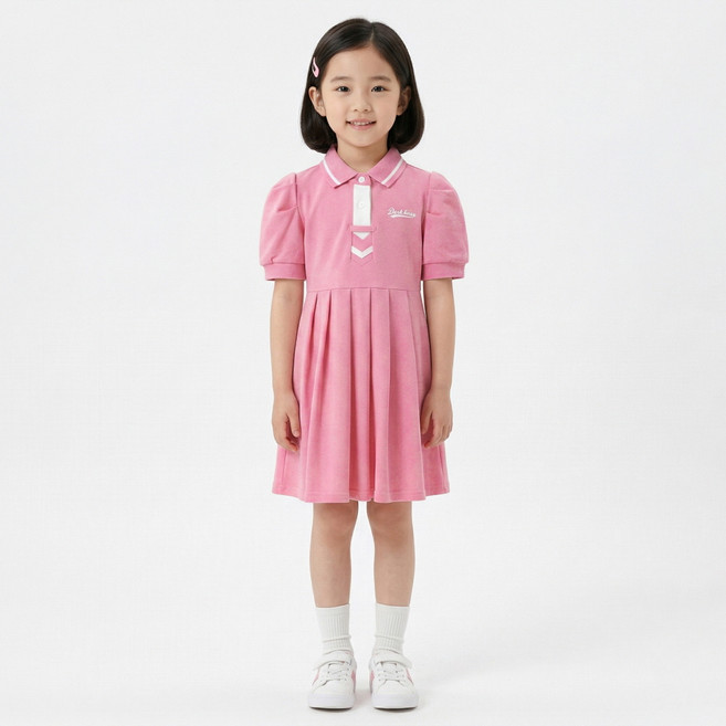 지디오 키즈 여아 원피스 배색 카라 반팔 드레스 퍼프 소매 플리츠 치마 유아 여름 외출복