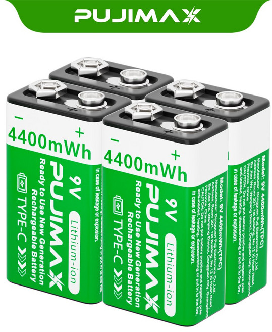 PUJIMAX 충전식 리튬배터리 9V 4400mWh TYPE-C 고용량 USB선 포함 빠른충전 휴대용 측정기 마이크 로봇 장난감 멀티기기 사용, 1개, 8개입