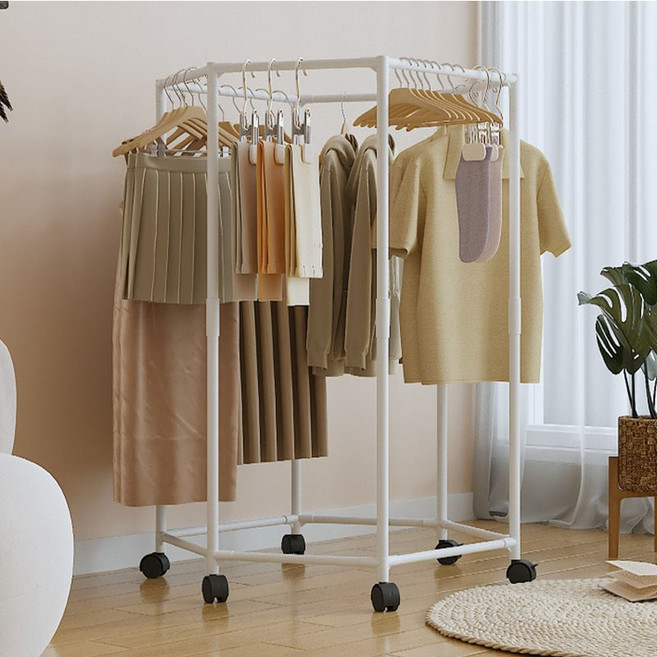 BIKASU 튼튼한 이동식 행거 육각형 다용도 시스템 행거 철제 옷걸이 행거, 화이트