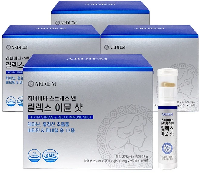 아르디엠 하이비타 스트레스 앤 릴렉스 올인원 이뮨 샷 25ml x 15병, 4개, 15회분 - 쿠팡