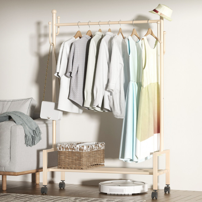 NAEILNAEGGE 튼튼한 이동식 스탠드 행거 옷걸이 수납 선반형, 베이지