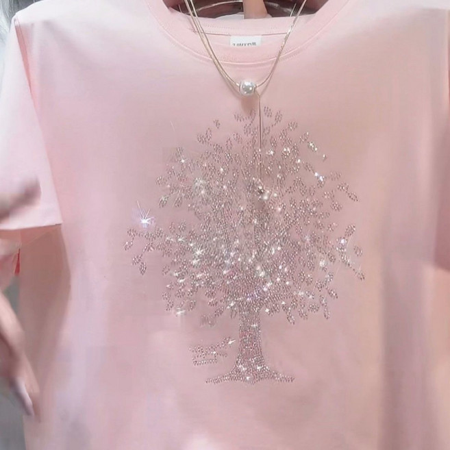 유니픽여성 여름 스팽글 나무 프린트 반팔 티셔츠 캐주얼룩cjg