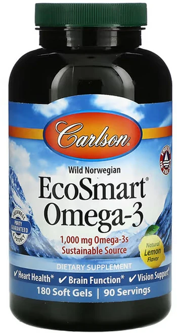 칼슨 노르웨이 자연산 EcoSmart 오메가3 천연 레몬맛 1 000mg 180소프트젤(소프트젤 1정당 500mg), 1개, 180정 - 쿠팡