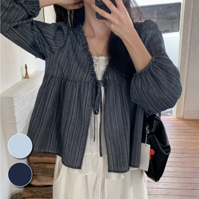 핏몬 레이스 일체형 프릴 스트라이프 벌룬 블라우스