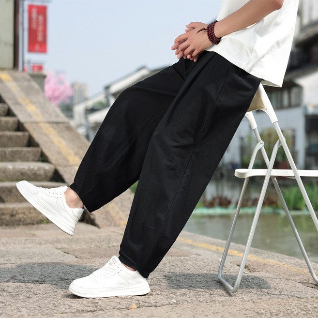 夏季休閒褲 棉麻材質 闊腿設計 中國風 男士透氣 太極服 寬鬆燈籠褲 漢服褲 道服褲+黑色+5XL
