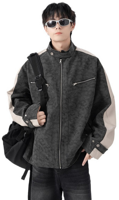 스타일리시한 레트로 타이다이 가죽 재킷 오버핏 사이클링 자켓 트렌디한 빈티지 룩 캐주얼