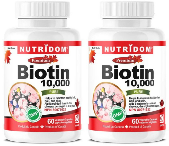 (2병) 캐나다 뉴트리돔 비오틴 10000 바이오틴 Biotin 10000mcg 60식물성캡슐 캐나다 직구, 2개, 60정