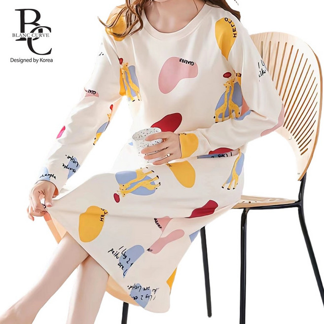 블랑커브 긴팔 잠옷 원피스 사계절 홈웨어 파자마