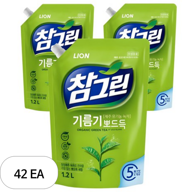 참그린 레몬 녹차 뽀드득 어드밴스 주방세제 리필, 1.2L, 42개