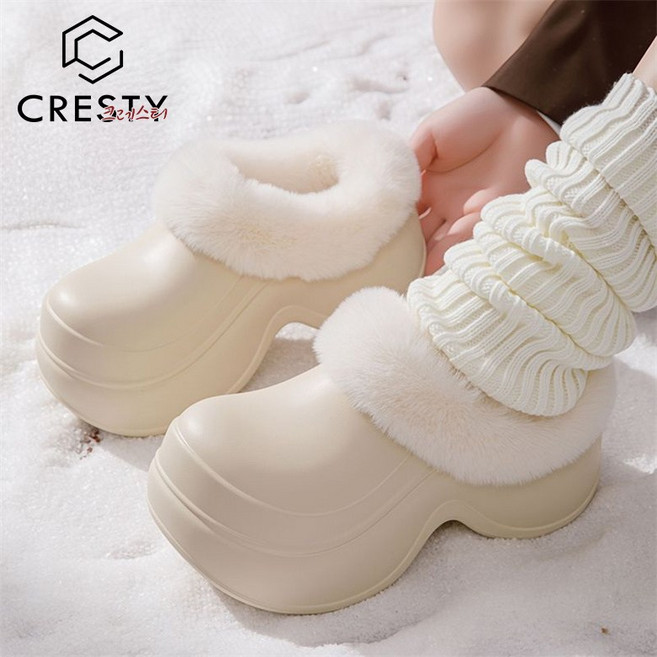 크레스티 여성 다용도 미끄럼방지 키높이 털 슬리퍼 겨울용 EVA 방수 초경 량 방한 기모 주방화