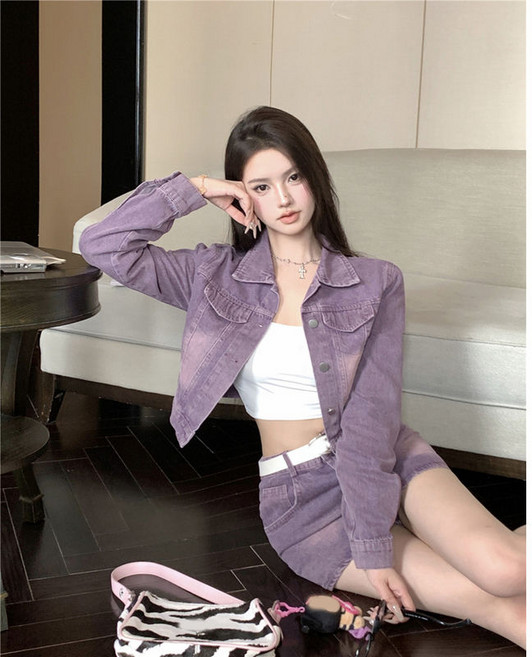 봄 가을 여성 데님 세트 캐주얼 긴팔 터틀넥 청자켓 + 하이웨이스트 미니 스커트 상하의 투피스 기질 여자 데님 슈트 WXY