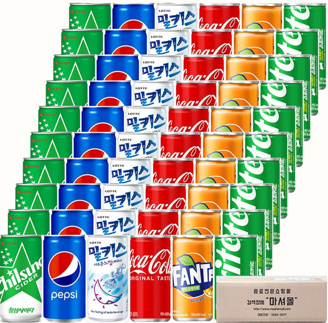 마셔몰 탄산음료 세트 6가지맛 각10캔씩 총60캔 코카콜라 스프라이트 환타 칠성사이다 펩시 밀키스, 60개, 190ml