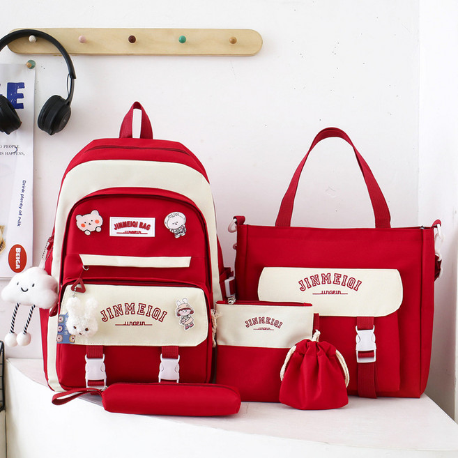 ANYOU 방수 통기 내마모성 책가방 학생 백팩 대용량 신학기 입학 나일론 백팩 4종세트+장신구