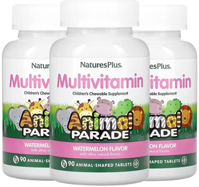 네이쳐스플러스 에니멀 퍼레이드 어린이용 씹는 멀티비타민 보충제 수박맛 90동물 모양 정제, 3개, 90정 - 쿠팡