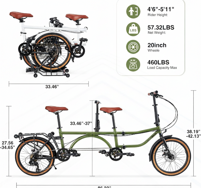 2인용 3인용 자전거 접이식 텐덤 바이크 가족 커플 한강 유원지 관광 투어링 2024년형, green, 1개, 219cm, 모던 그린, 20inch