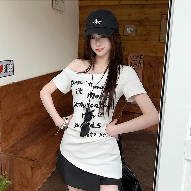 여성 오프숄더 슬립핏 반팔 티셔츠 T-002