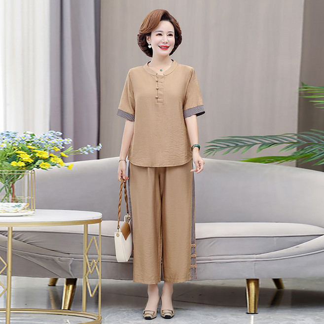 지고다그 중년여성용 여름 반팔 티셔츠와 바지 세트 캐주얼 운동복 투피스 WD0225