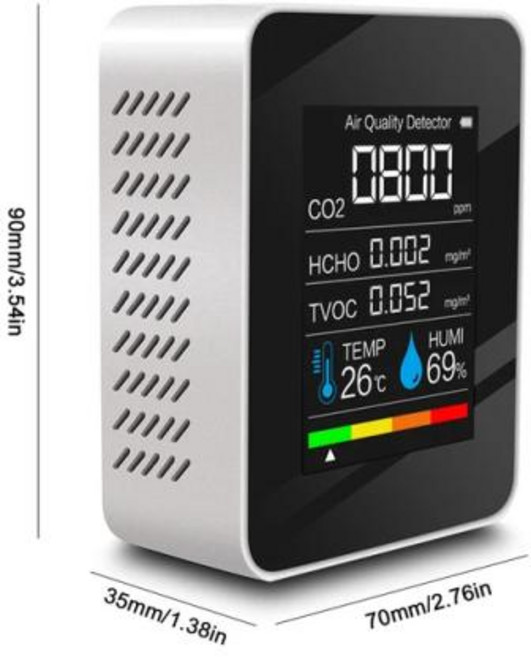 공기질측정기 이산화탄소 가스 측정기 실내 공기질 모니터 포름알데히드 HCHO TVOC 테스터 LCD 온도 습도 알람 CO2 계량기 5 in 1, 1개